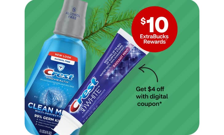 $10 ExtraBucks Rewards, get $4 off with digital coupon, a bottle of Crest mouthwash and a tube of Crest 3D white toothpaste.