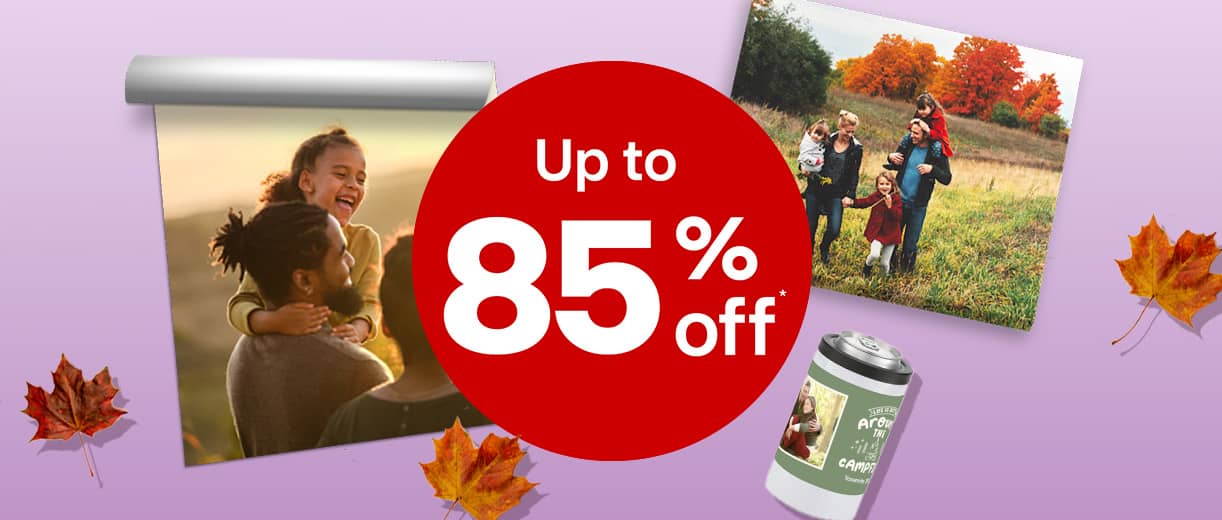 Up to 85 percent off photo products, including repositionable poster, canvas print and can cooler, with fall family photos