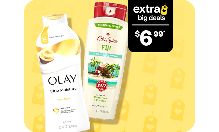 Bottles of Olay and Old Spice body care products
