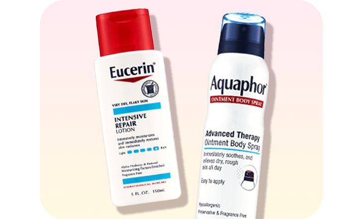 Bottles of Eucerin Intensive Repair lotion and Aquaphor Advanced Therapy ointment body spray.