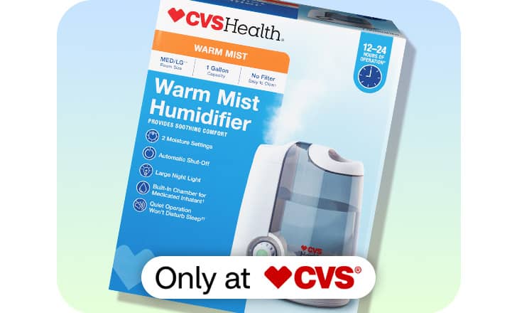 A boxed CVS Health warm mist humidifier, only at CVS.