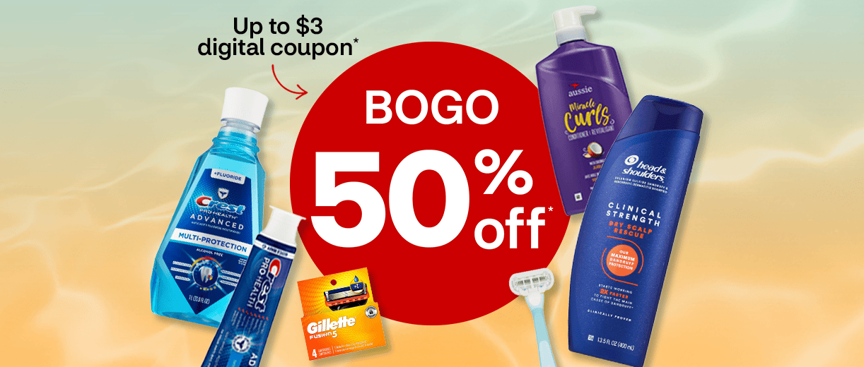 BOGO 50% off whole body, Up to $3 digital coupon, crest mouthwash and toothpaste, gilette razors, aussie and head & shoulders hair care
