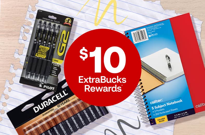 $10 ExtraBucks Rewards, Pilot G2 pens, Duracell AA batteries, Caliber 5 subject notebook