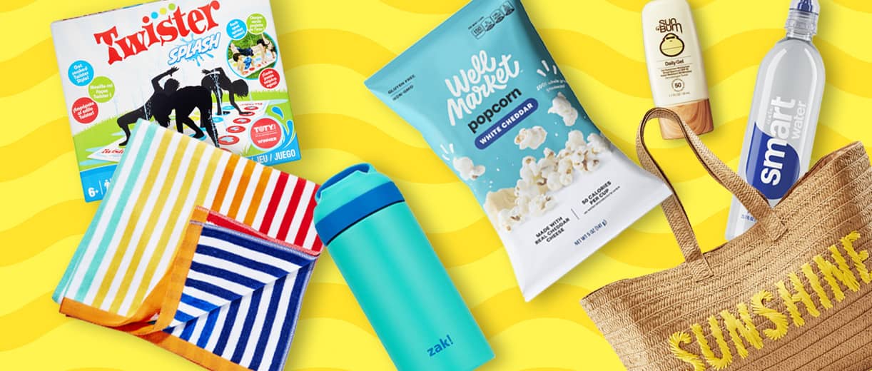 Twister game, beach towel, insulated water bottle, Well Market popcorn, poppi soda, Sun Bum sunscreen and a tote with the word sunshine on it.