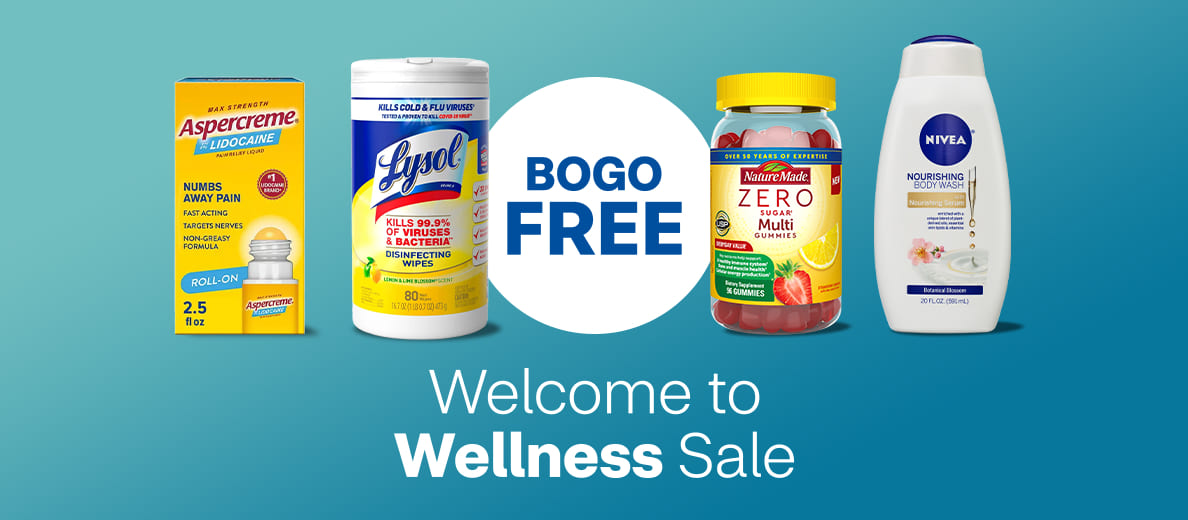 Welcome to Wellness Sale. BOGO FREE. Aspercreme, Nature Made, Lysol and Nivea products.