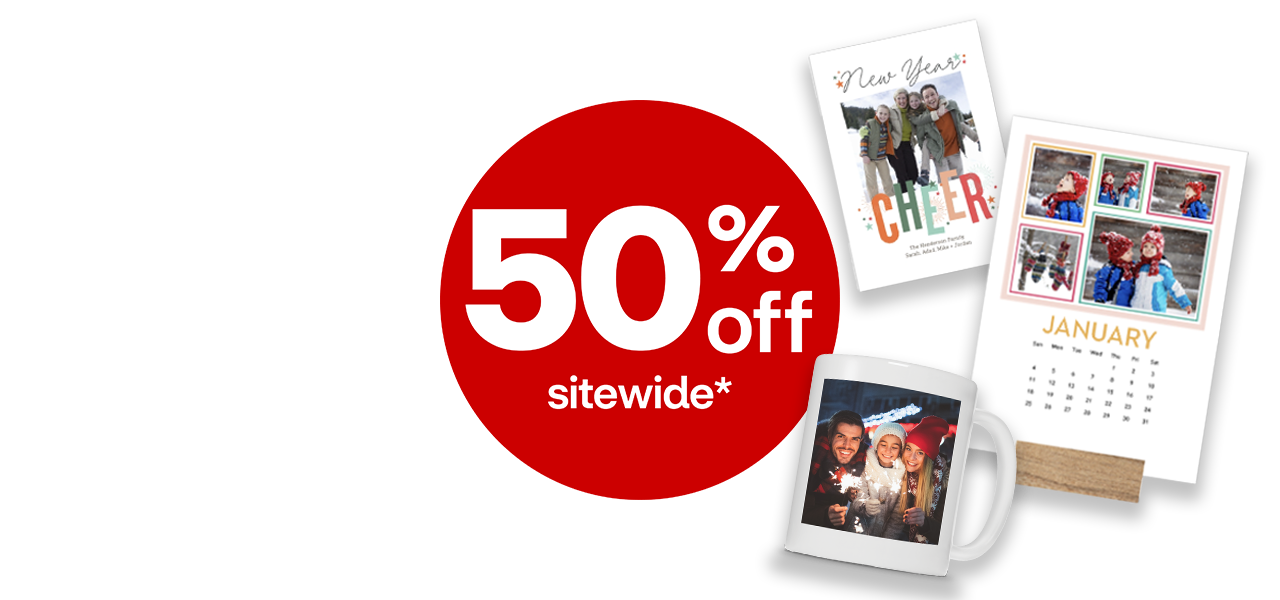 Fifty percent off sitewide, personalized NFL blanket, photo holiday card, calendar and mug