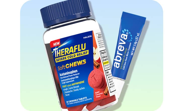 A bottle of TheraFlu soft chews and a tube of Abreva cold sore treatment.