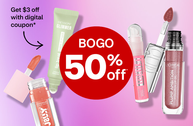 Buy 1, get 1 50% off. Pague $3 menos con un cupón digital. L’Oréal Paris Plump Ambition Hyaluron Lip Oil and applicator, Maybelline Lifter Gel, Revlon Glimmer lip treat balm and mask and CoverGirl Clean Fresh Jelly Water tint