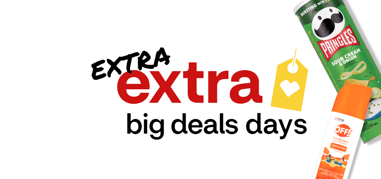 Extra, extra big deals days, peanut M&M's, Gold Emblem water, Pringles sour cream and onion chips, OFF! insect repellent