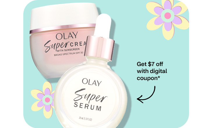 Pague $7 menos con un cupón digital. Olay Super Cream and Olay Super Serum against a pastel green background with pastel-colored flowers