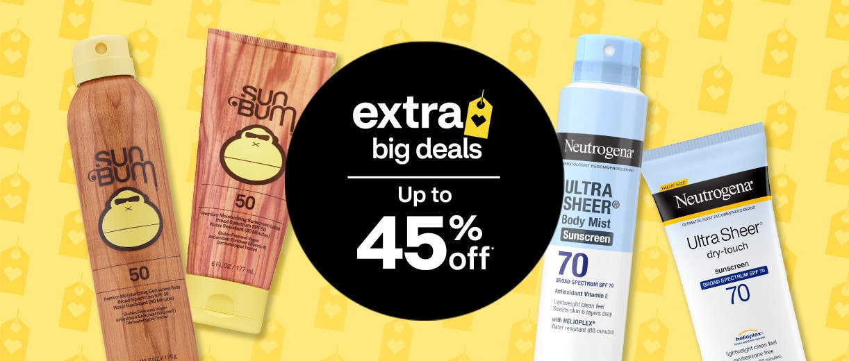 Extra Big Deals, up to 45% off. Sun Bum sunscreen and Neutrogena sunscreen and body mist sunscreen.