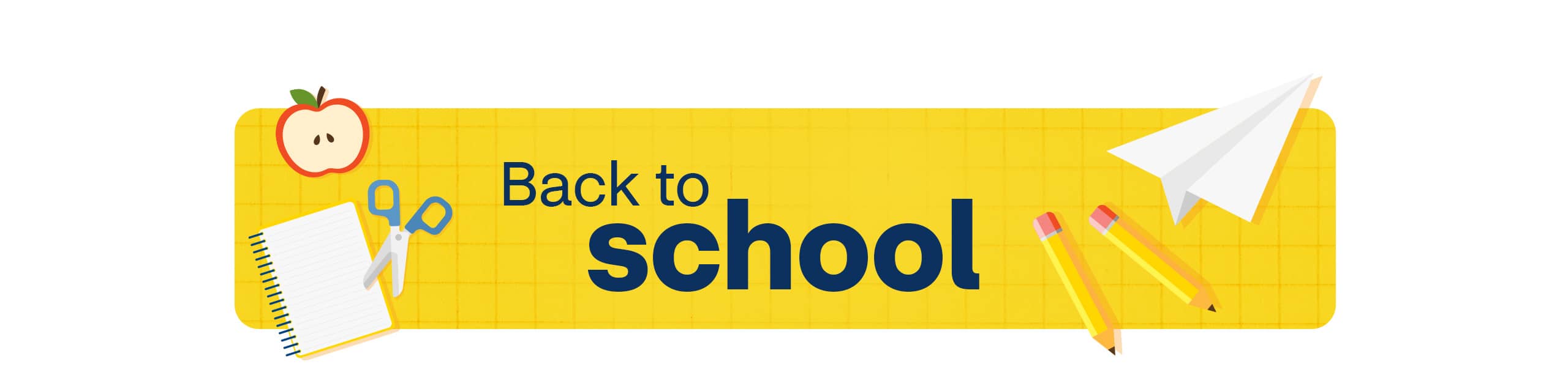 Back to school, illustrations of notebook, scissors and pencils, with apple and paper airplane.