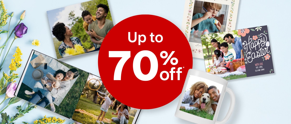 Up to 70% off. Personalized photo book, mug and cards with photos of families hugging and laughing together against a blue background with purple and yellow flowers