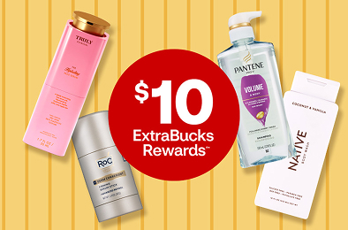 $10 ExtraBucks Rewards. Olay Regenerist retinol, Netrogena Hydro Boost, La Roche-Posay. Pantene Pro-V Volume and Body shampoo and Native body wash against a yellow striped paper background