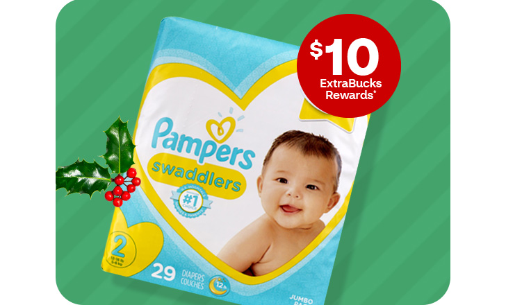 $10 ExtraBucks Rewards, a package of Pampers swaddlers diapers.