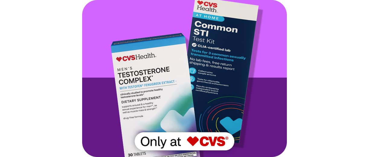 CVS Health Testosterone supplement and Common STI at-home test kit, only at CVS