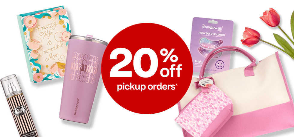 20 percent off pickup orders, Hallmark Mother's Day card, Hydrapeak insulated cup with Mama, Marc Jacobs fragrance, the creme shop gel eye patches, tote bag and tulips