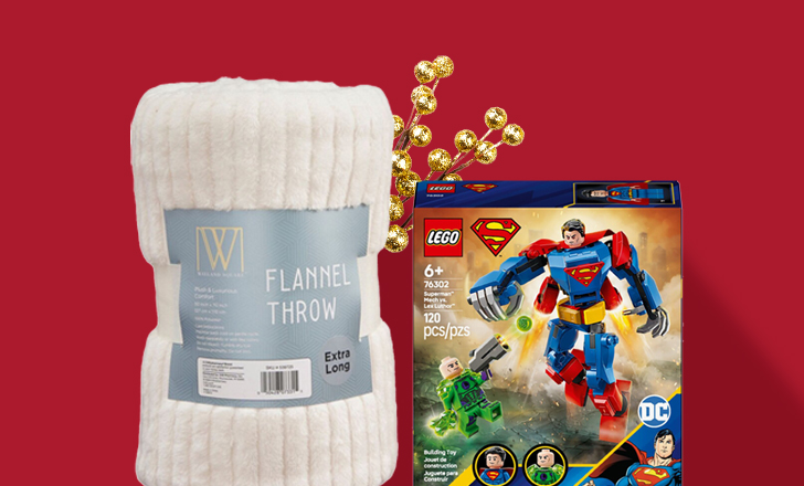Wayland Square flannel throw blanket and Lego superman toy