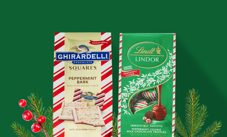 Lindt peppermint cookie truffles and Ghirardelli peppermint bark squares