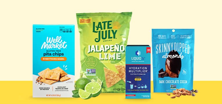 Well Market pita chips, Late July tortilla chips, Liquid I.V. Hydration Multiplier and Skinny Dipped almonds