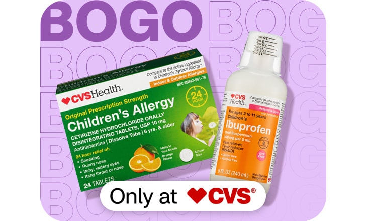 Buy 1, get 1 40% off. Only at CVS. CVS Health Children's Allergy tablets and Ibuprofen.