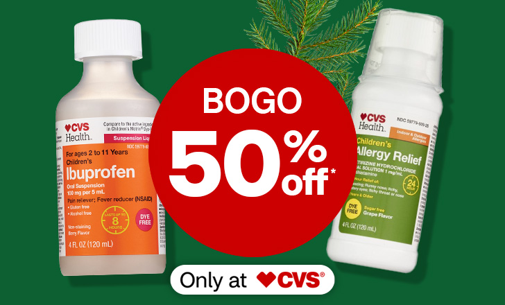 "Buy one, get one 50%" off offer dot next to CVS Health ibuprofen and allergy relief bottles.