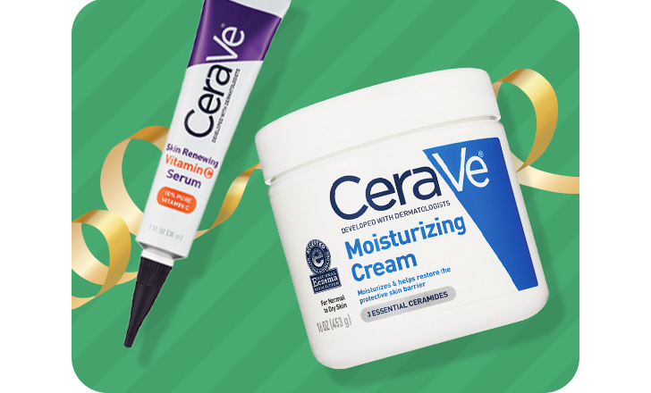 A tube of CeraVe Vitamin C Serum and a container of Moisturizing Cream.