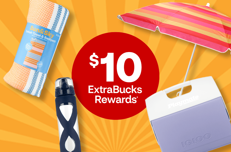 A variety of beach-themed items, including a beach towel, beach umbrella, water bottle and cooler