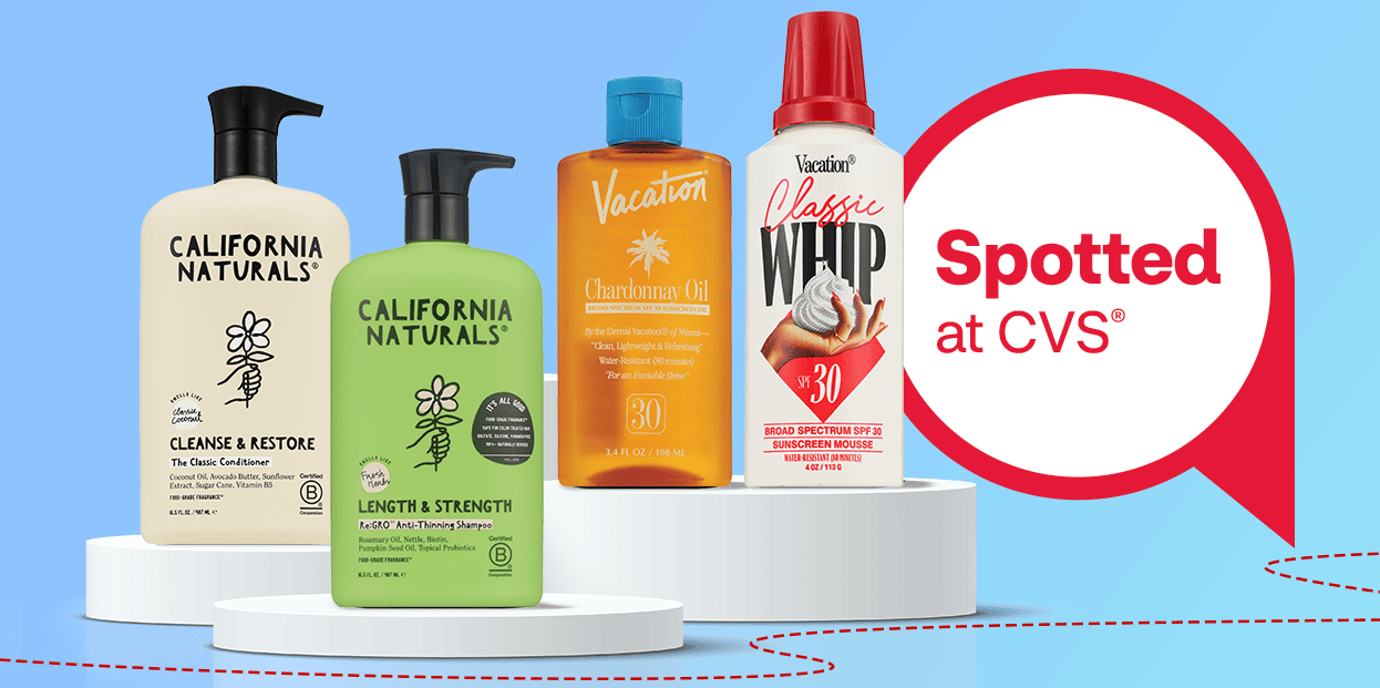 Vacation classic whip SPF 30 and Chardonnay oil and California Naturals Shampoo and Conditioner are available at CVS.