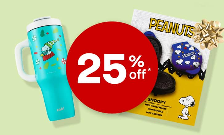 Twenty-five percent off,  Snoopy travel mug and a Peanuts mini waffle maker