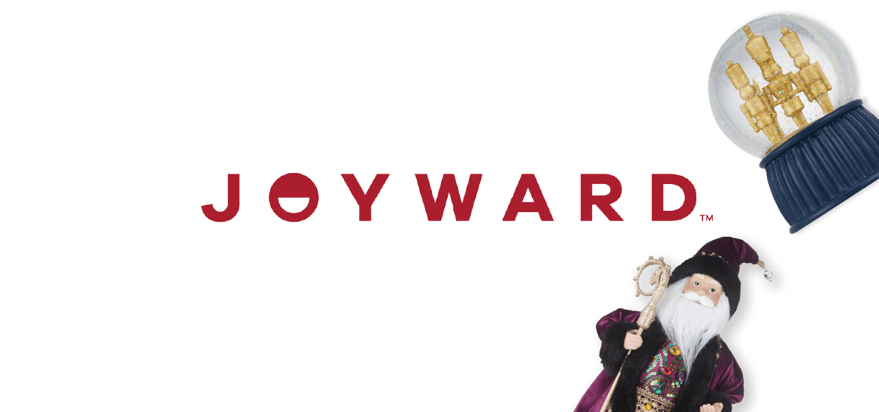 Joyward, a metallic stag figure, a nutcracker, a snow globe with nutcrackers and a holiday figurine