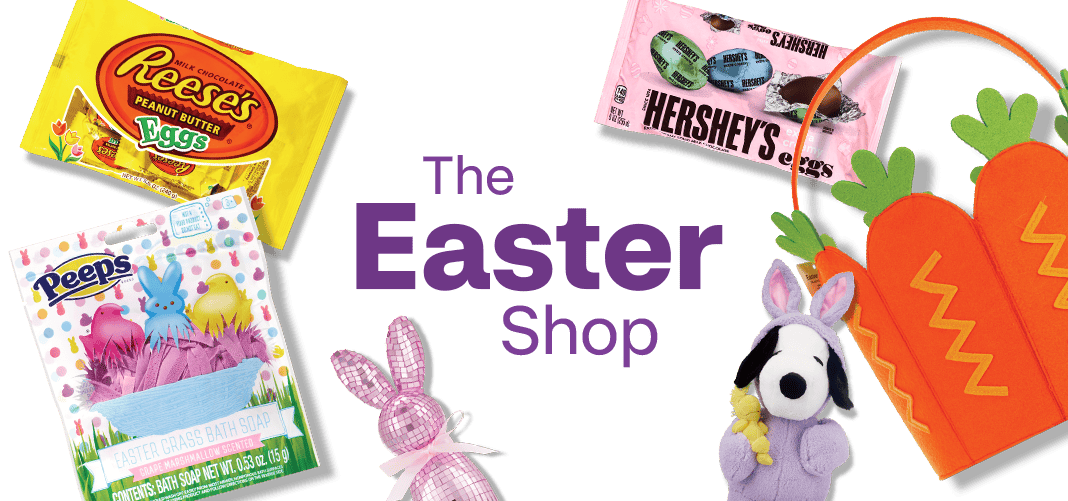 Text that says the Easter shop surrounded by bags of Reese's and Hershey's eggs candy, a package of Peeps bath soap, plush bunny rabbit and Snoopy toys and a basket made of felt carrot shapes