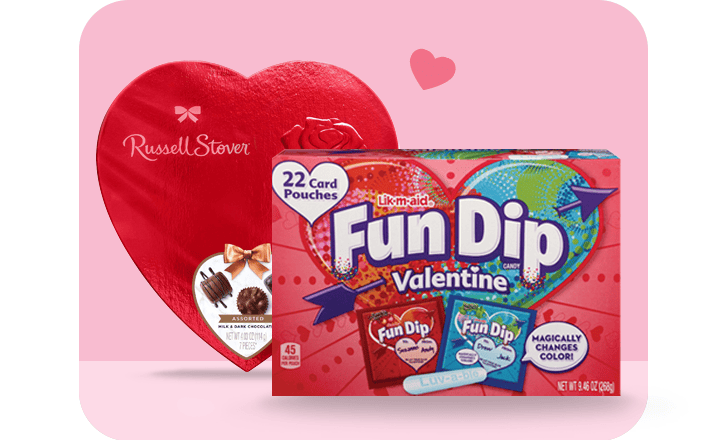 Russell Stover chocolates and Lik-m-aid Fun Dip Valentine pouches