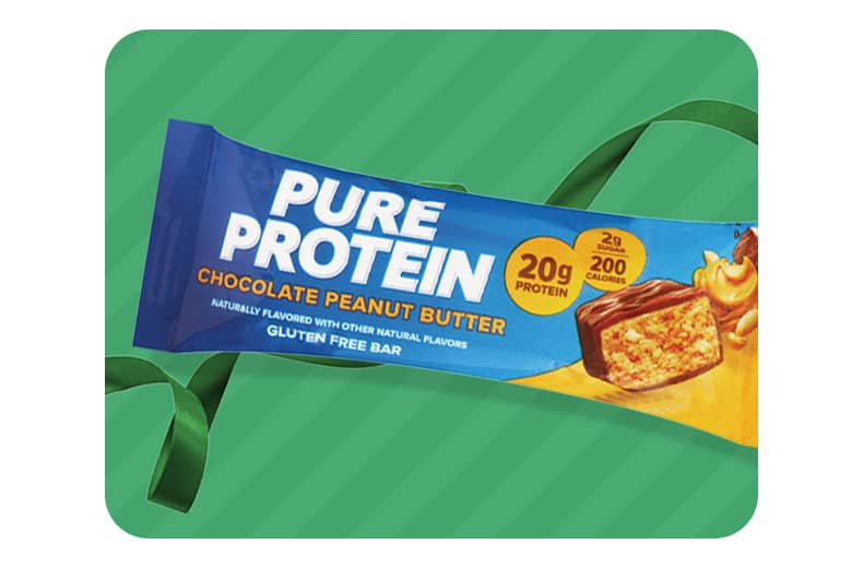 A Pure Protein chocolate peanut butter protein bar.