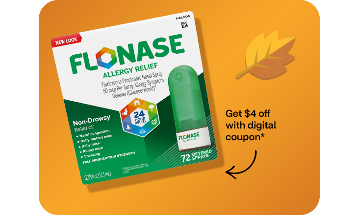 Get $4 off with digital coupon. Flonase Allergy Relief against an orange background with an orange leaf.