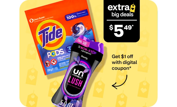 Extra Big Deals, $5.49. Pague $1 menos con un cupón digital. Tide pods and Unstopables Lush scent beads.
