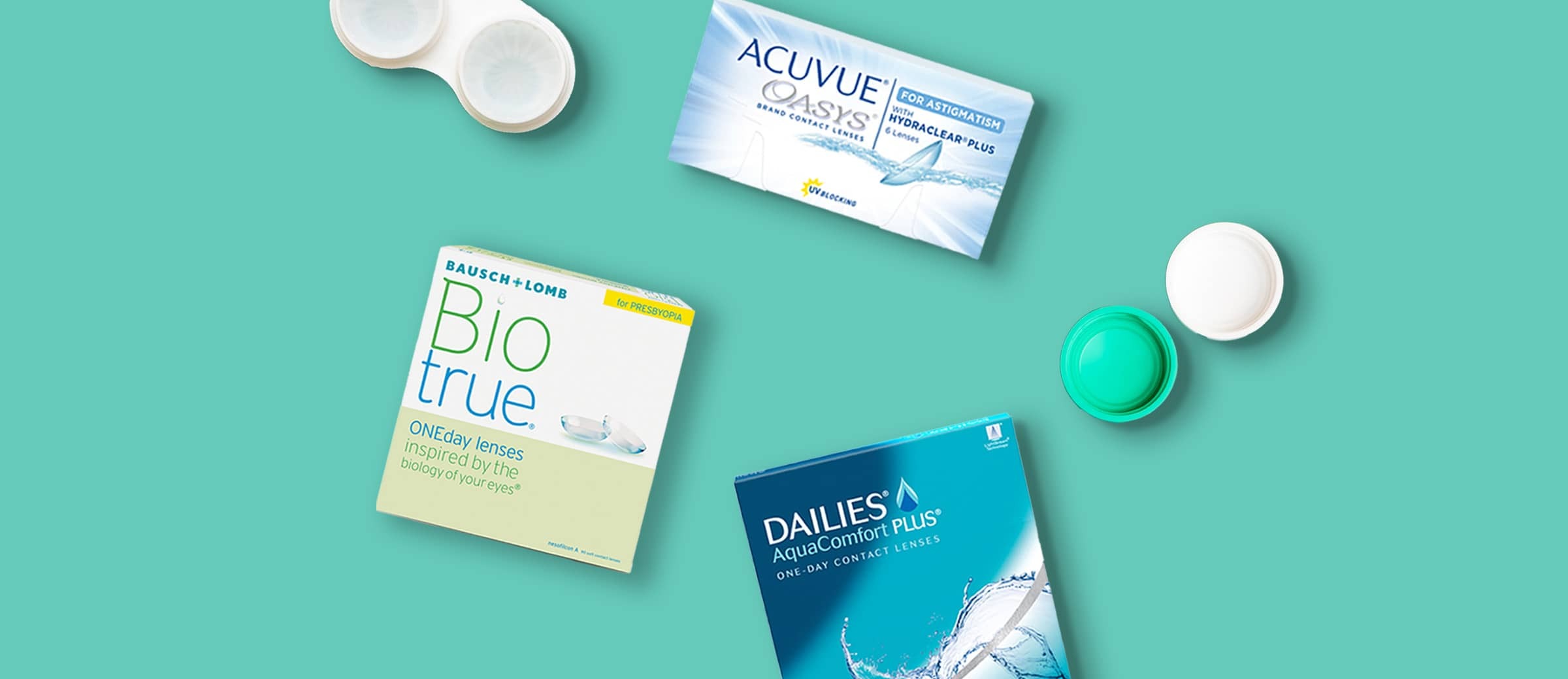 Contact lenses, Acuvue, Biotrue and Dailies brands shown