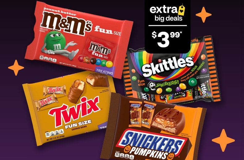 Extra Big Deals, $3.99. Skittles, M&M’s fun size, Twix fun size and Snickers pumpkins.