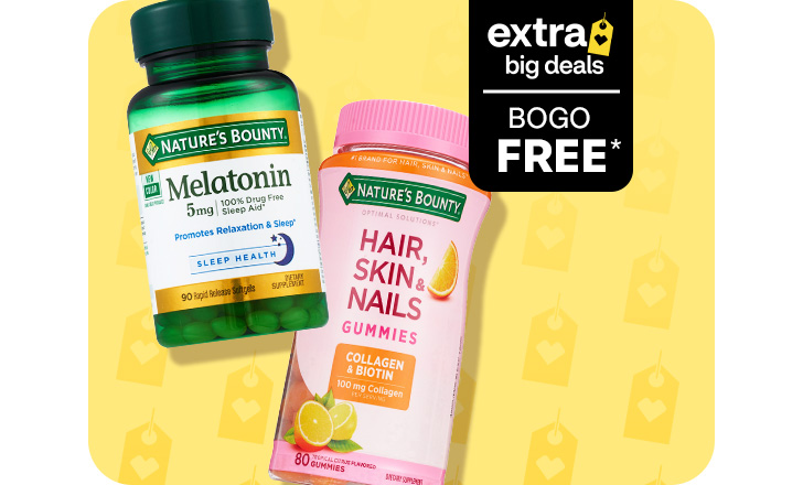 Extra big deals, buy 1, get 1 free. Nature's Bounty Melatoni and Hair, Skin & Nails gummies