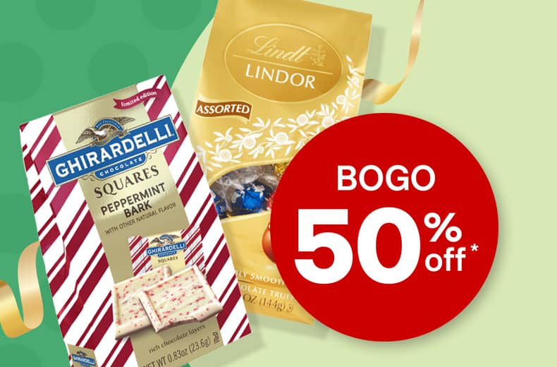 Buy one, get one 50 percent off, a bag each of Ghirardelli Peppermint Bark squares and Lindt Lindor assorted chocolate truffles.