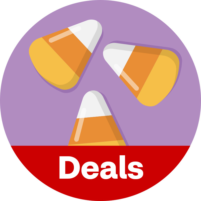 Three candy corn floating above "Deals" 