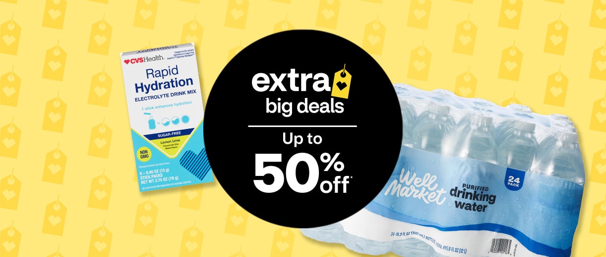 Extra Big Deals up to 50% off. CVS Health Rapid Hydration electrolyte drink mix and Well Market water bottles