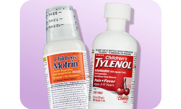 A bottle each of Children's Motrin and Children's Tylenol liquid pain remedy.