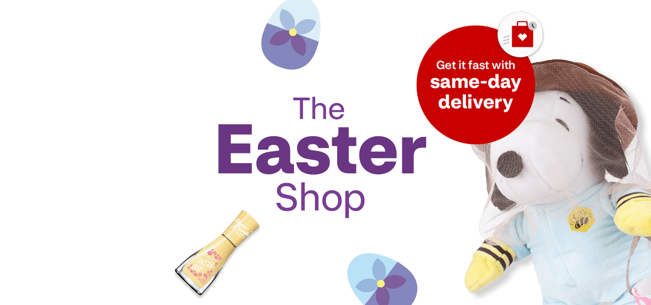 The Easter Shop, a blue Easter egg basket with a plush Snoopy doll, yellow nail polish,  Cadbury mini eggs, Lindt golden bunny and Easter eggs against a blue background