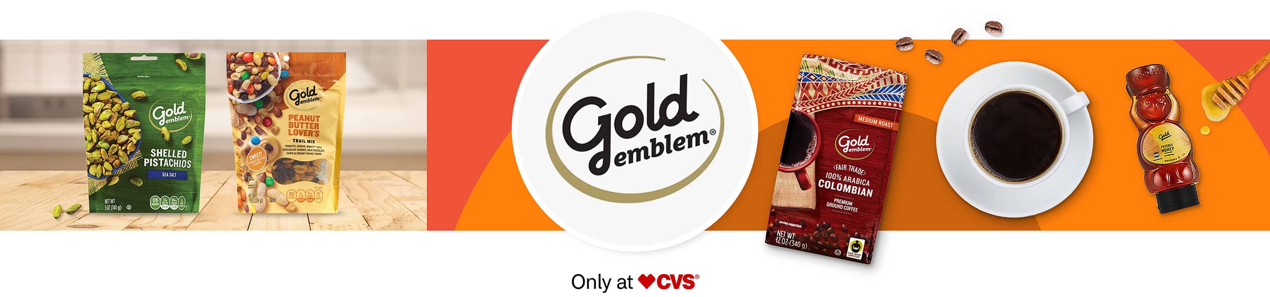 Gold emblem® Shelled Pistachios, Gold emblem® Peanut Butter Lovers, and Gold emblem® Colombian Coffee Beans Gold emblem® Only at CVS®