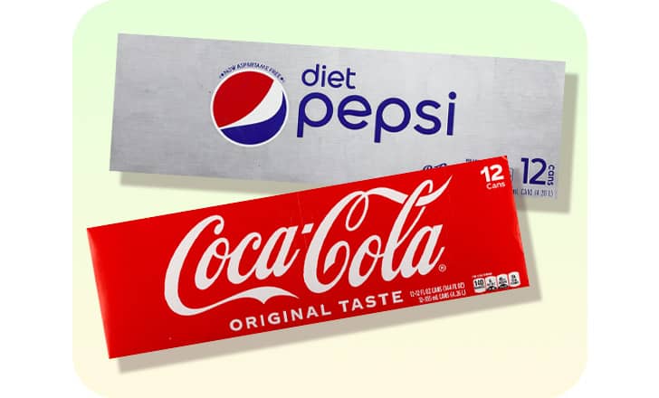 12 packs of diet Pepsi and Coca-Cola canned soda