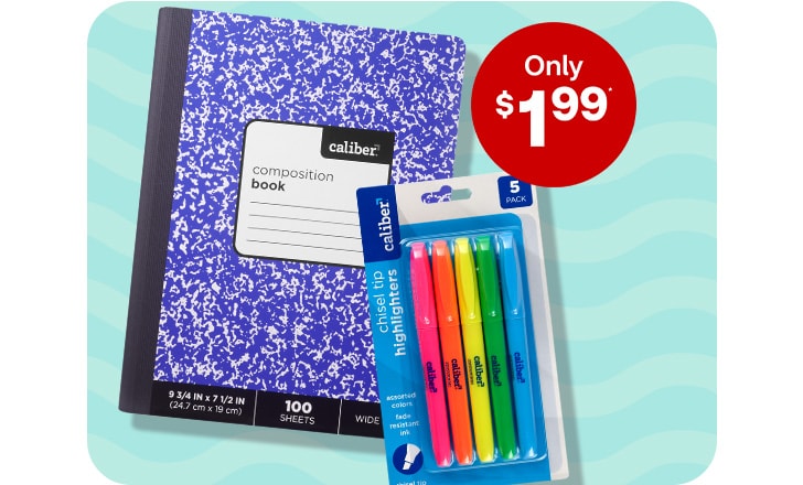 Only $1.99. Caliber composition book and highlighters