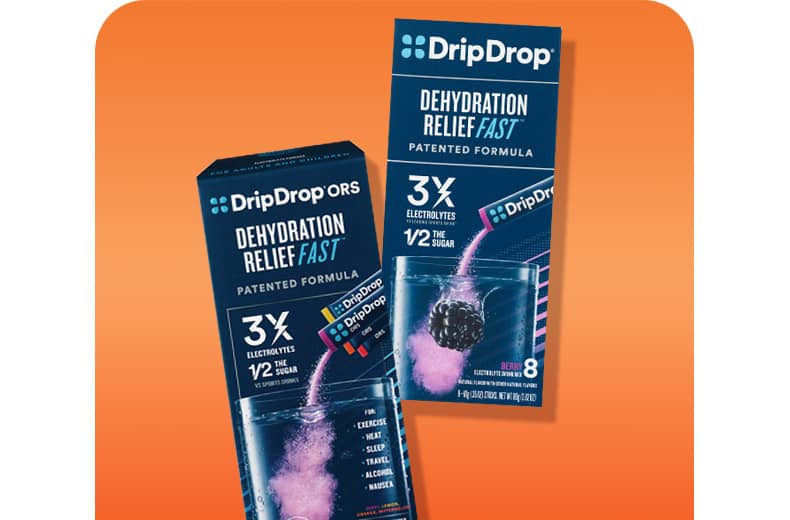 DripDrop Dehydration Relief powder drink hydration support.