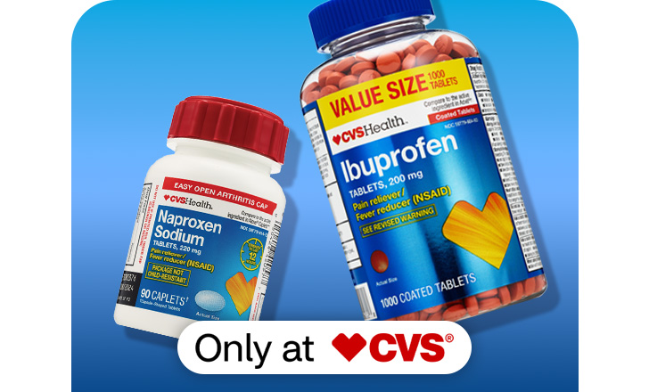 CVS Health Naproxen Sodium caplets and Ibuprofen tablets value size, only at CVS.