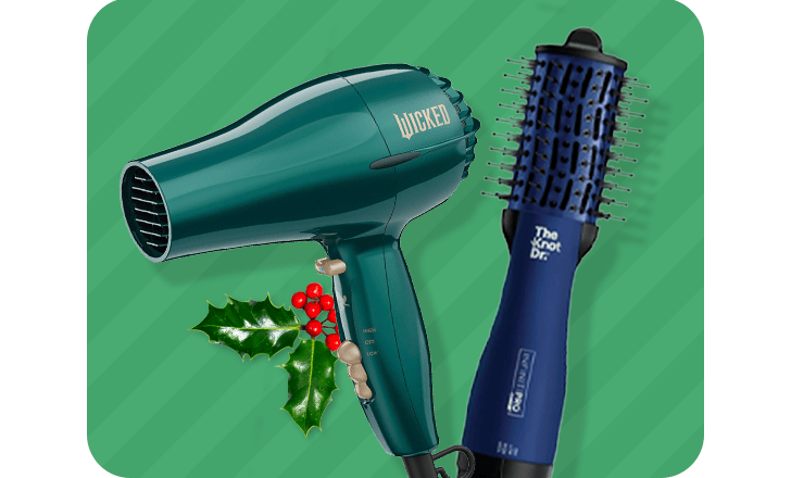 A Wicked Conair hair blow dryer and a The Knot Dr. styling brush